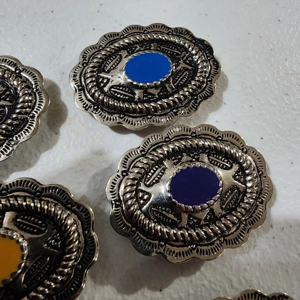 6pc Western Silver Tone Concho button covers Colorful Cabochon Set Southwestern